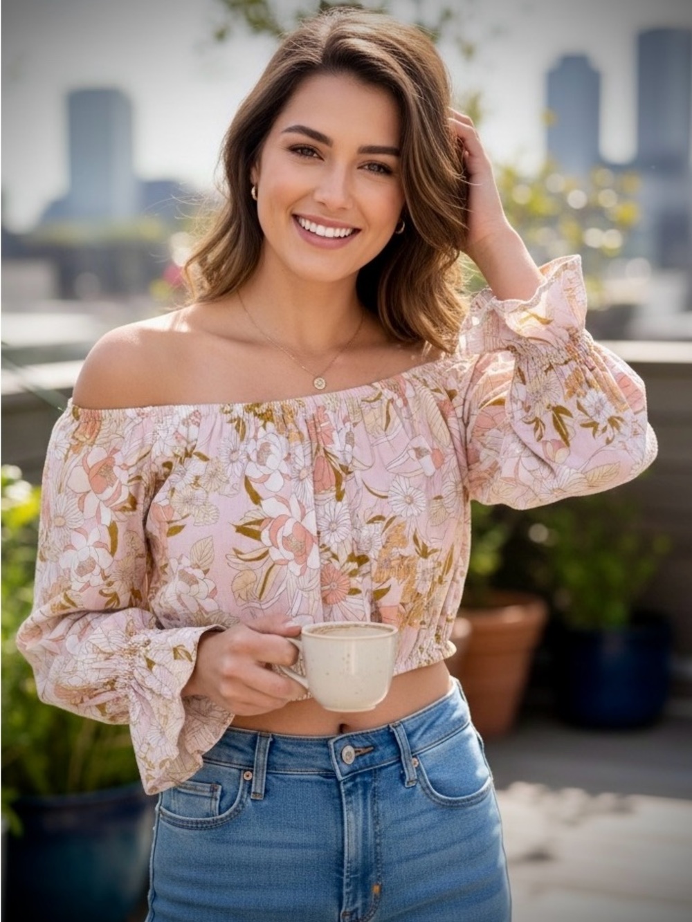 Amuse Society Pink & Cream Floral Off-Shoulder Crop Top XS Cottagecore Romantic
